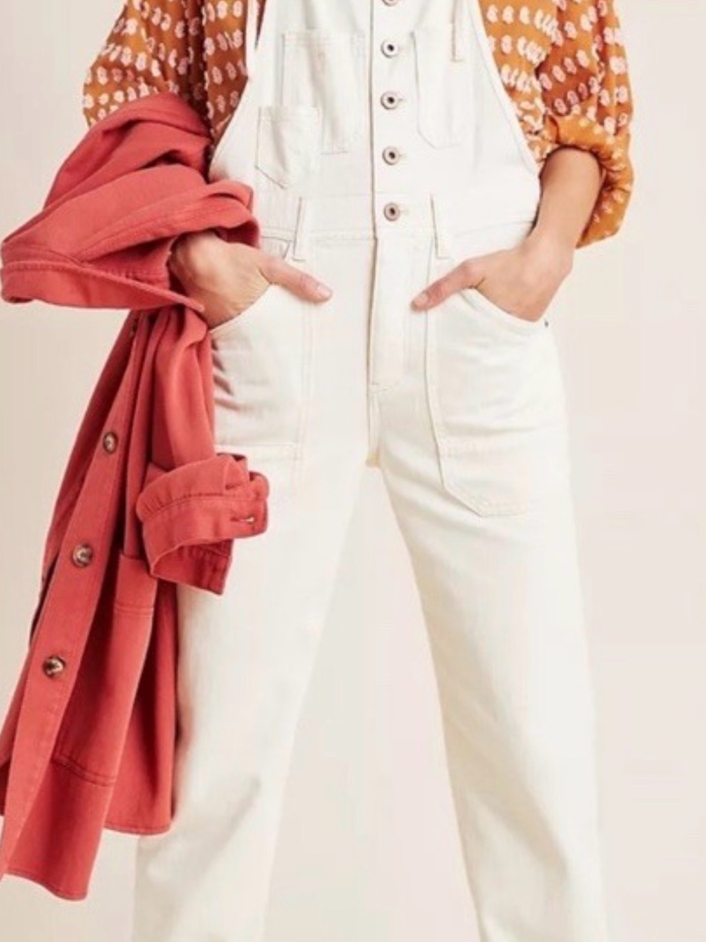 Pilcro Cream Denim Overalls with Button-Front Bib